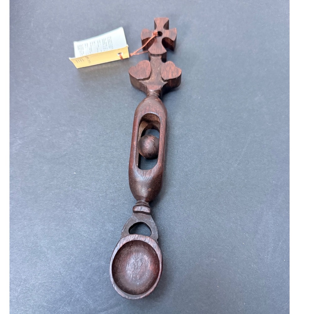 Welsh Love Spoon Hand Carved Dark Wood Ball in Cage Folk Art